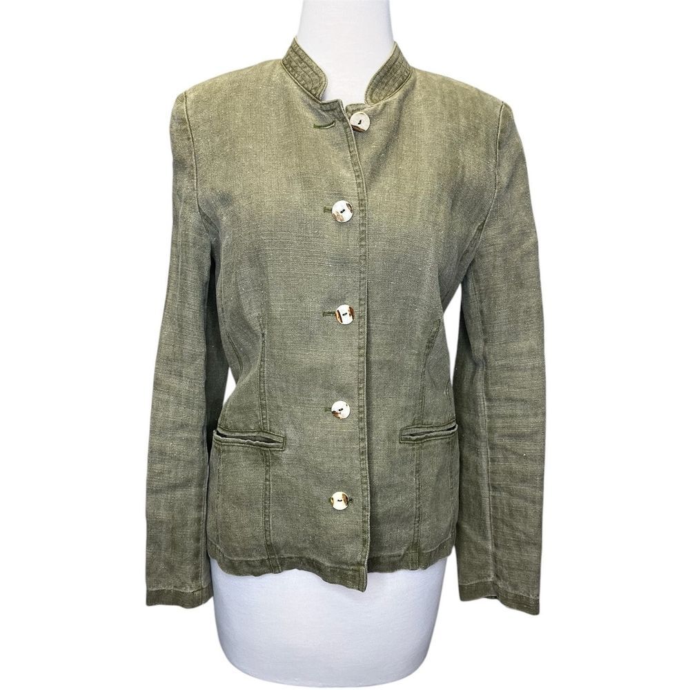 Lodenfrey Womens‎ Medium Green Blazer Linen ? Stand up Collar Pockets Buttons